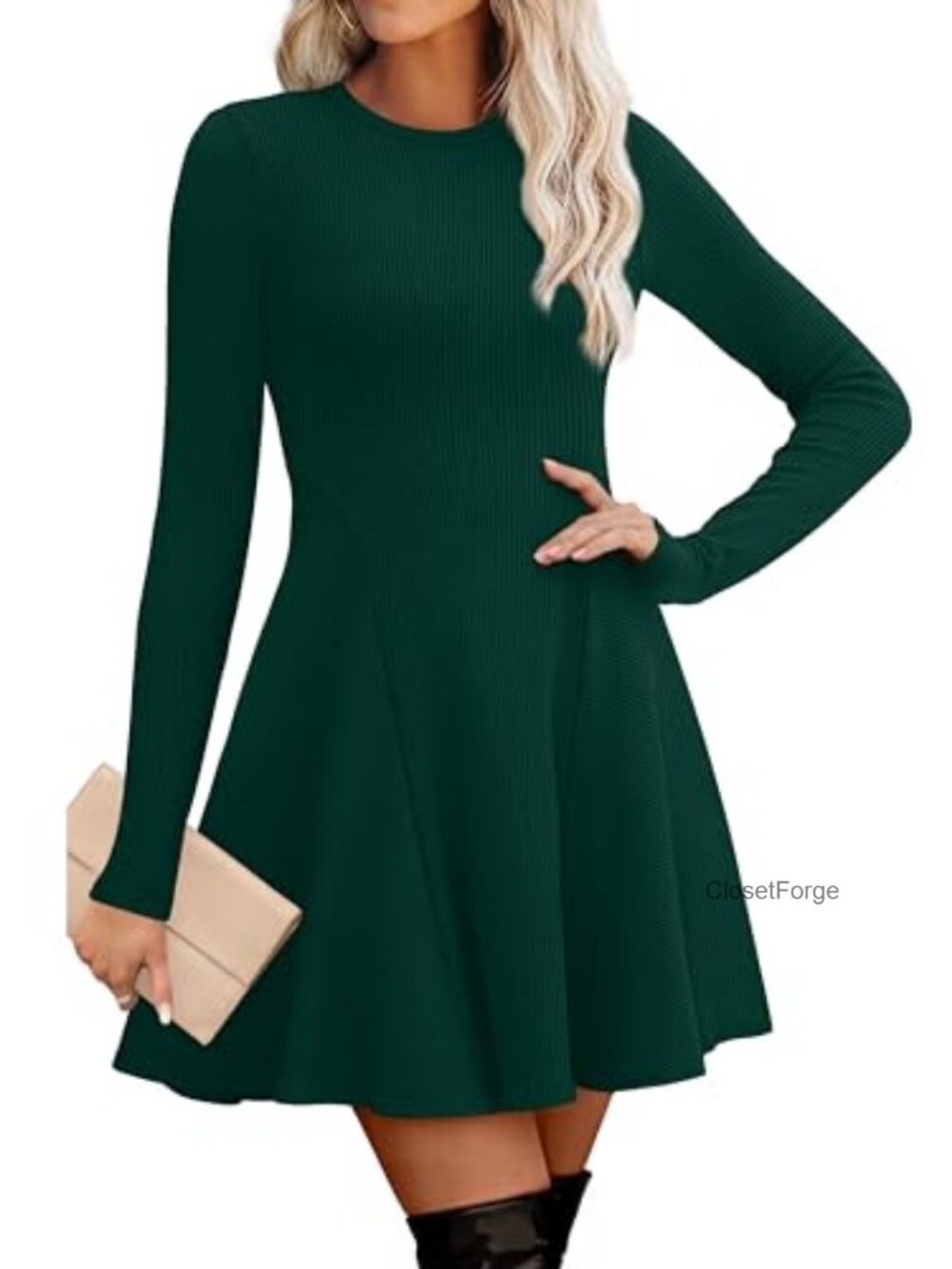 Sweater Dress Women Crew Neck Ribbed Knit Fit Flare Long Sleeve Cocktail